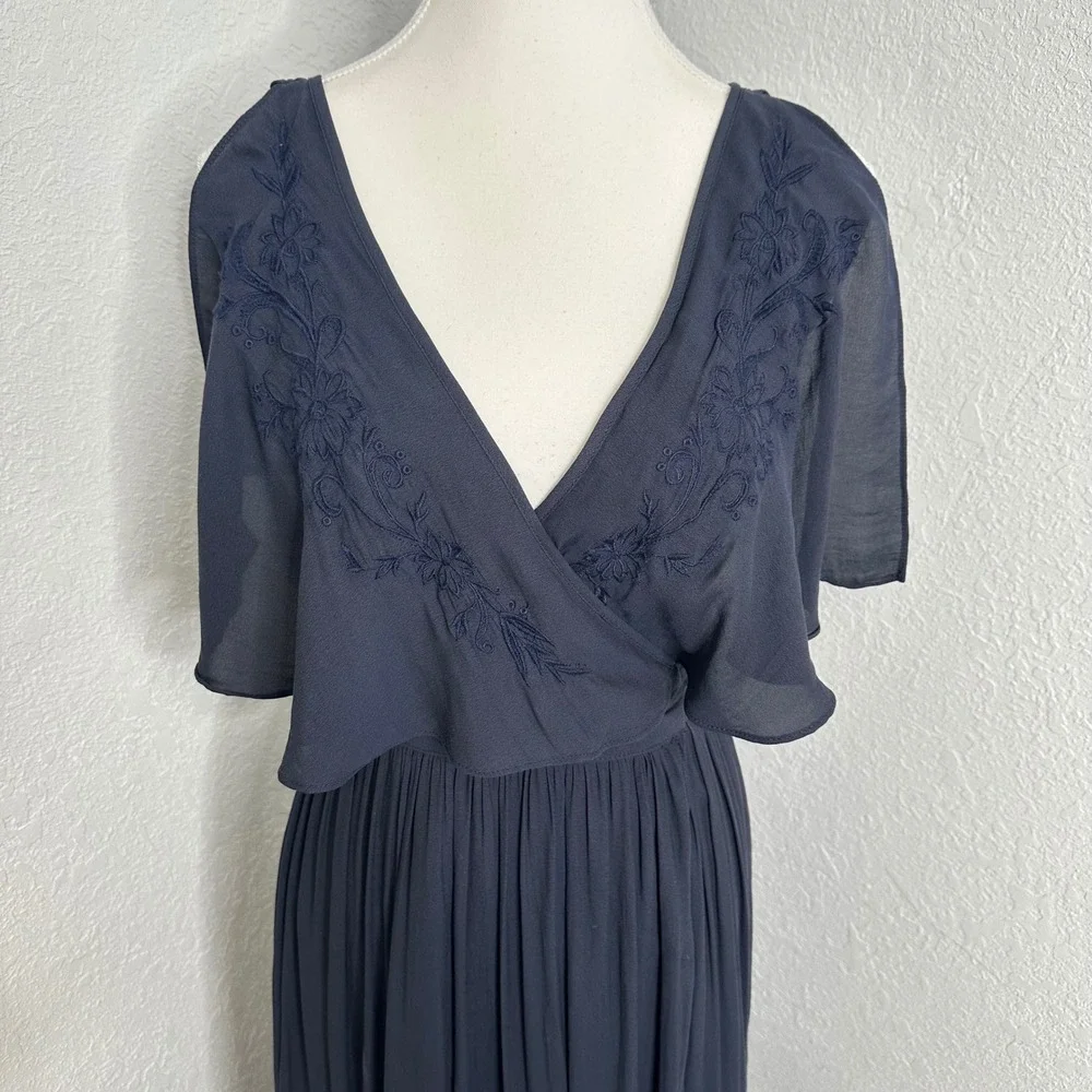Free People Navy Blue‎ Embroidered Maxi Dress Flutter Sleeve Wrap Front